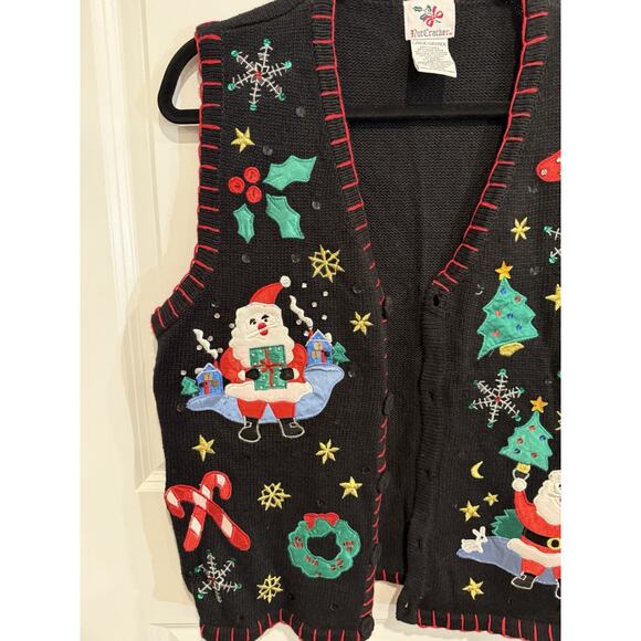 VTG Nutcracker Black Christmas Sweater Vest Buttoned Size Large Santa Candy Cane - Picture 4 of 10